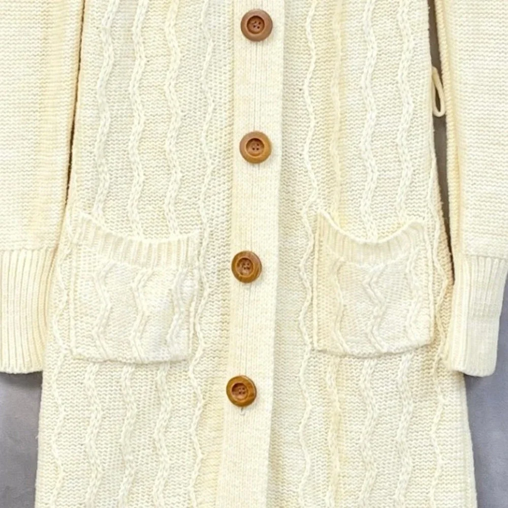 Vtg 70s Gemini Collection Long Cardigan Sweater Women Medium Cable Knit Cottage